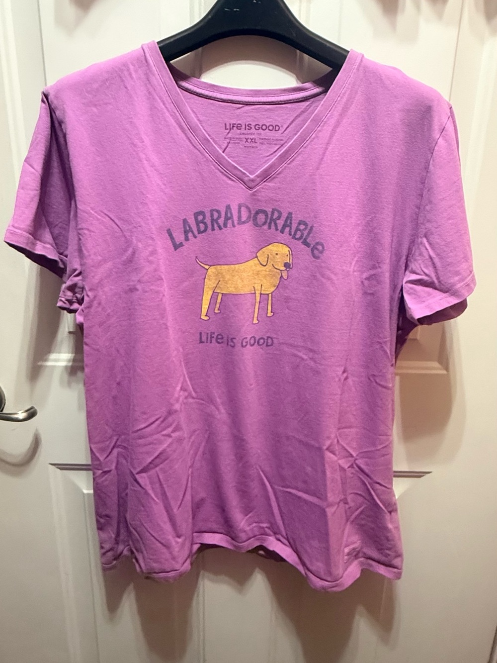 Life Is Good Purple V-Neck Tee with Yellow Labrador Graphic XXL